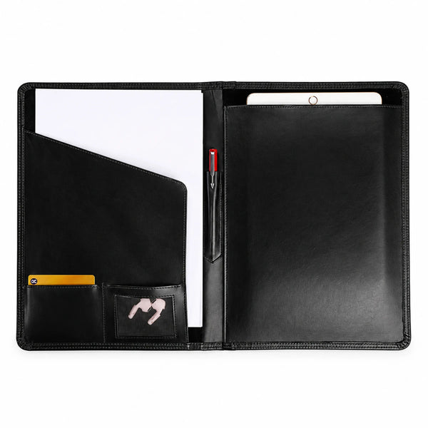 Open black leather laptop folder organizer with document pocket, pen holder, card slot, and accessory pocket