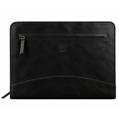 Black leather portfolio with front zipper pocket and curved document pocket