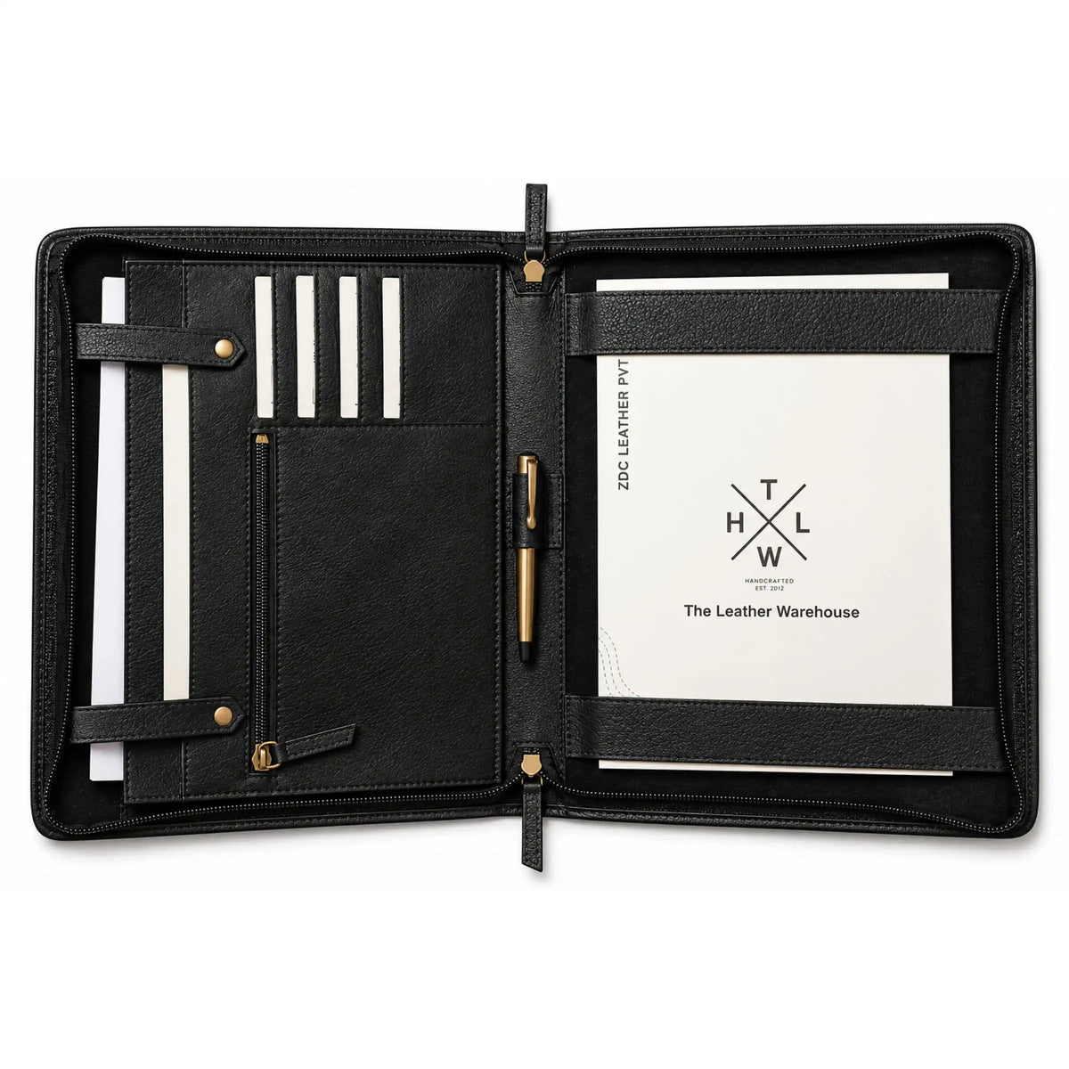 Open black leather portfolio organizer with card slots, pen holder, zipper pocket, and document compartments