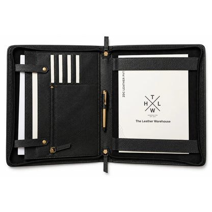 Open black leather portfolio organizer with card slots, pen holder, zipper pocket, and document compartments