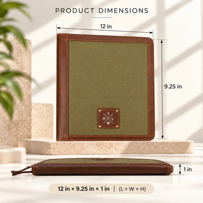 Brown leather and olive green canvas folder showing dimensions of 12 × 9.25 × 1 inches