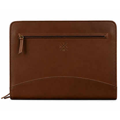 Brown leather portfolio with a front zipper pocket and curved document storage pocket