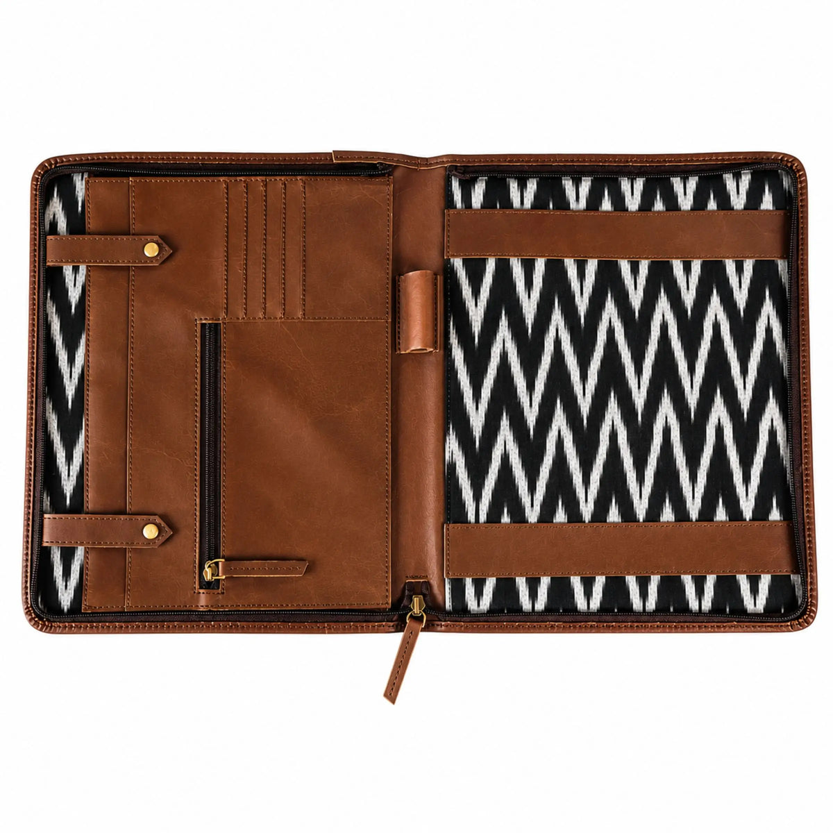 Open brown leather portfolio with black and white Ikat fabric lining and multiple organizer pockets