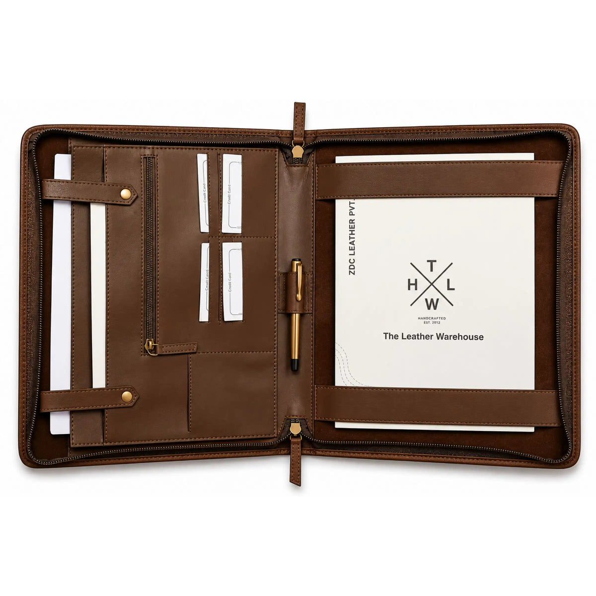 Open dark brown leather portfolio organizer with card slots, pen holder, and document straps