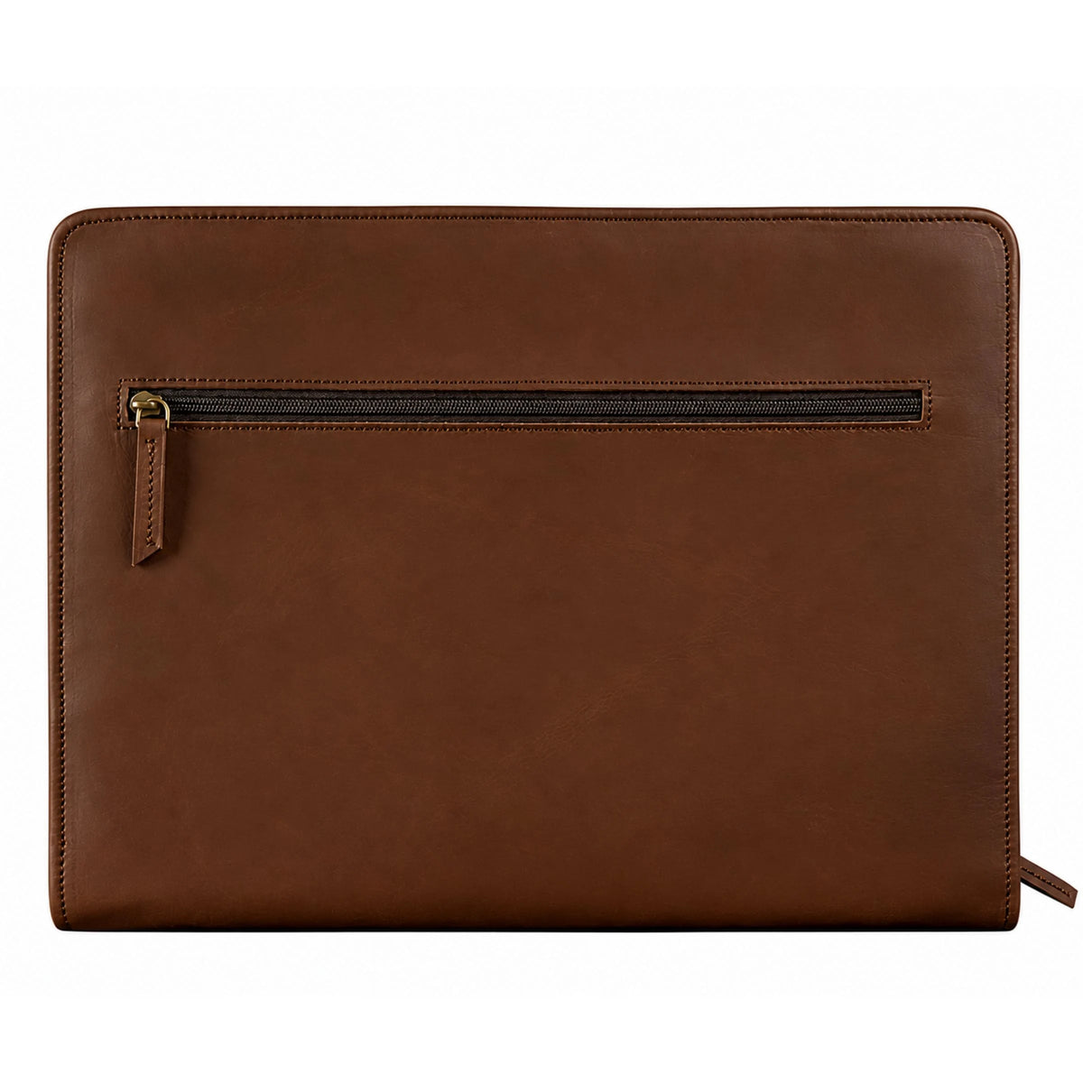 Brown leather portfolio folder back with a long zipper pocket and stitched edges