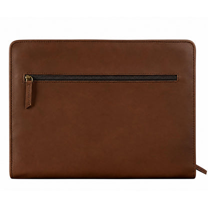 Brown leather portfolio folder back with a long zipper pocket and stitched edges
