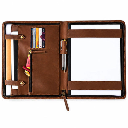 A brown leather organizer case shown open on a white background, featuring card slots, pockets, a pen loop, and a lined writing area.