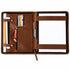 A brown leather organizer case shown open on a white background, featuring card slots, pockets, a pen loop, and a lined writing area.