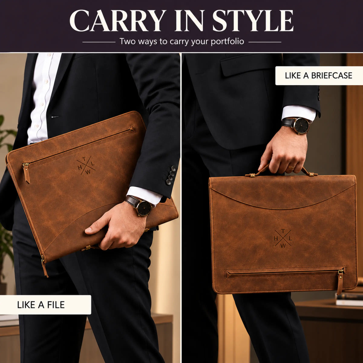A man in a black suit is shown in two side-by-side views carrying a brown leather portfolio briefcase. In the left view, he holds it like a file under his arm, and in the right view, he carries it like a briefcase by its top handle.