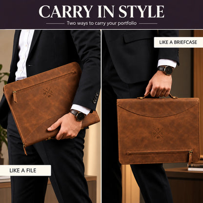 A man in a black suit is shown in two side-by-side views carrying a brown leather portfolio briefcase. In the left view, he holds it like a file under his arm, and in the right view, he carries it like a briefcase by its top handle.