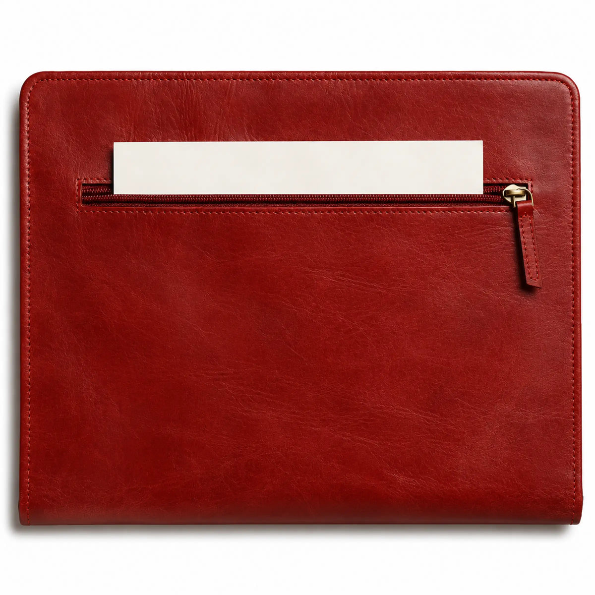 Burgundy leather portfolio with a rear zipper pocket for storing documents and papers