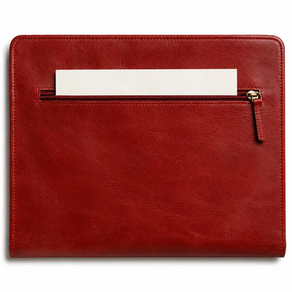 Burgundy leather portfolio with a rear zipper pocket for storing documents and papers