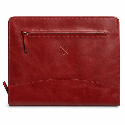 Burgundy leather portfolio featuring a front zipper pocket, embossed logo, and curved document pocket