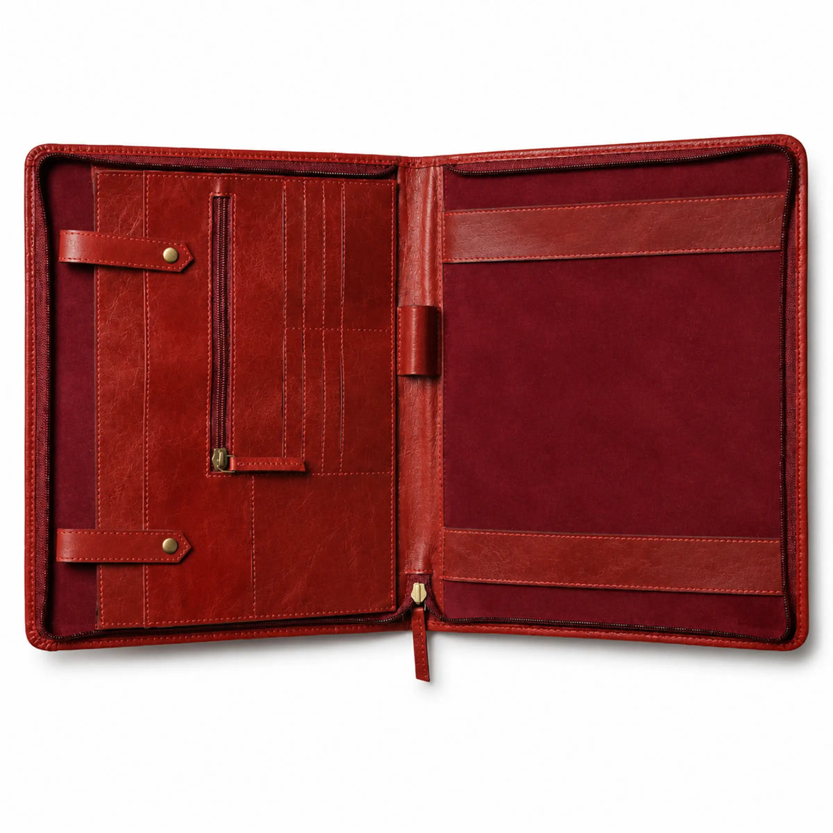 Open burgundy leather portfolio organizer with card slots, a vertical zipper pocket, and document compartments