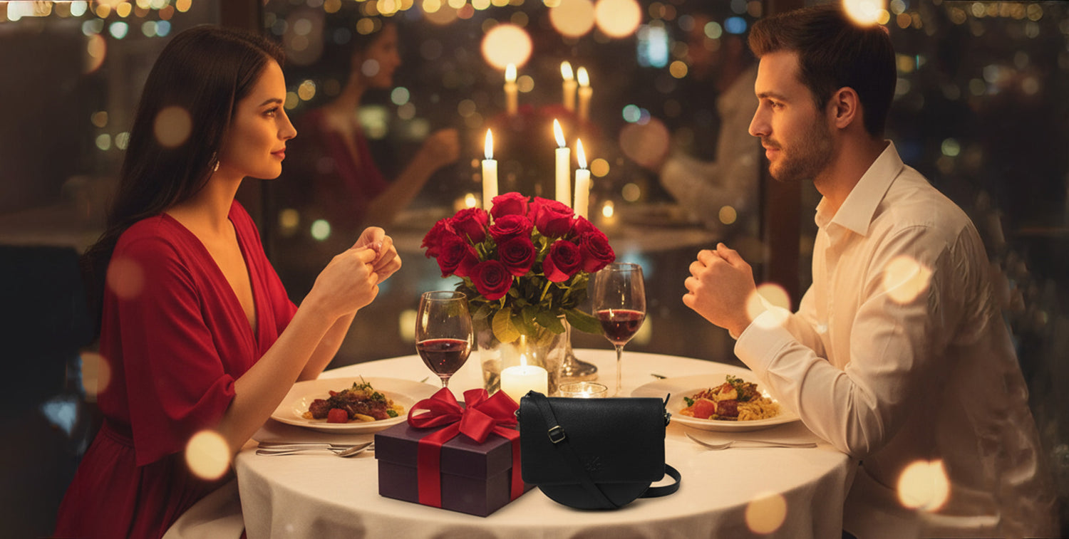 Couple on a romantic dinner date with candles and flowers in the background