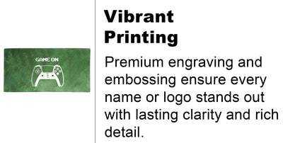 Text about vibrant printing with a green card featuring a white controller logo on a white background.