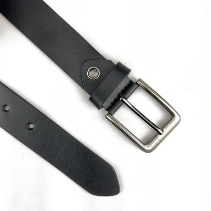 Black leather belt with silver buckle on a white background