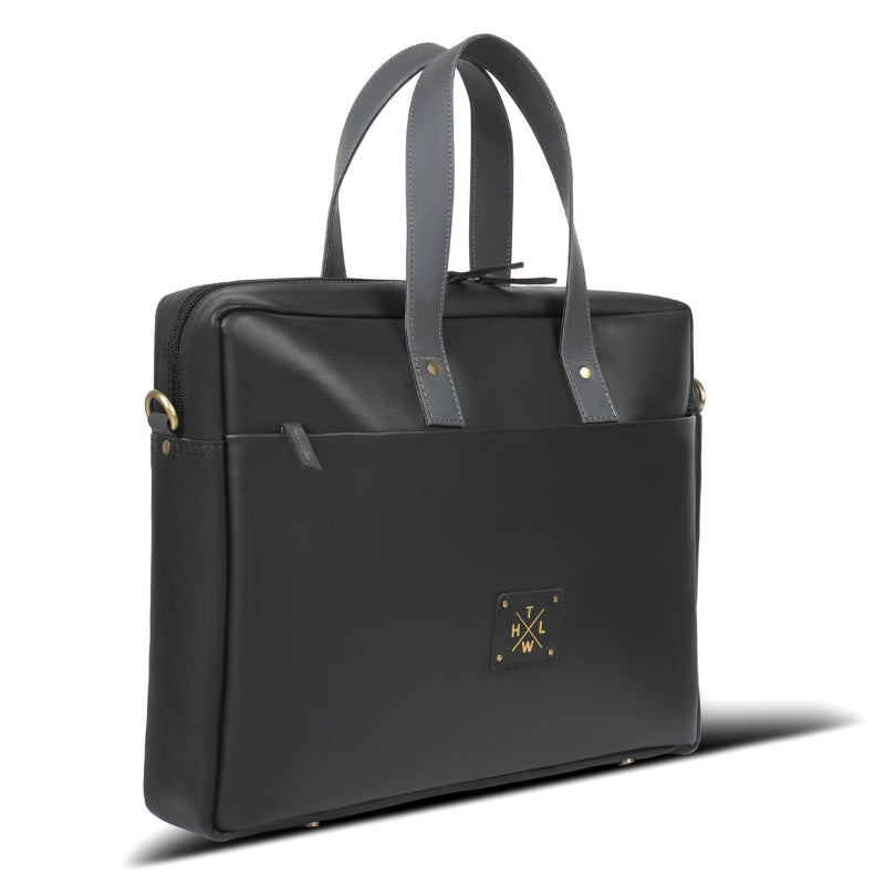 Black briefcase with gray straps on a white background