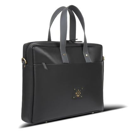 Black briefcase with gray straps on a white background