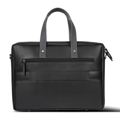 Black leather briefcase with gold zipper pulls on a white background