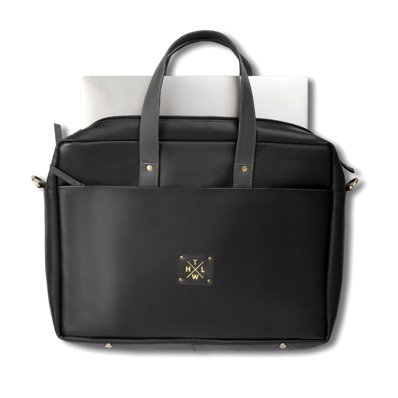 Black leather briefcase with gold logo on a white background
