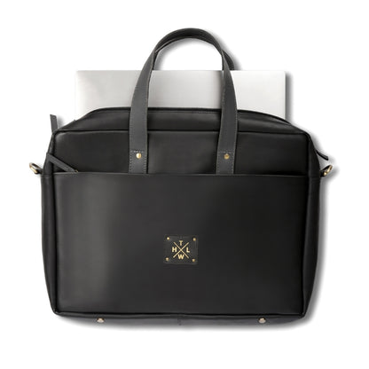 Black leather briefcase with gold logo on a white background