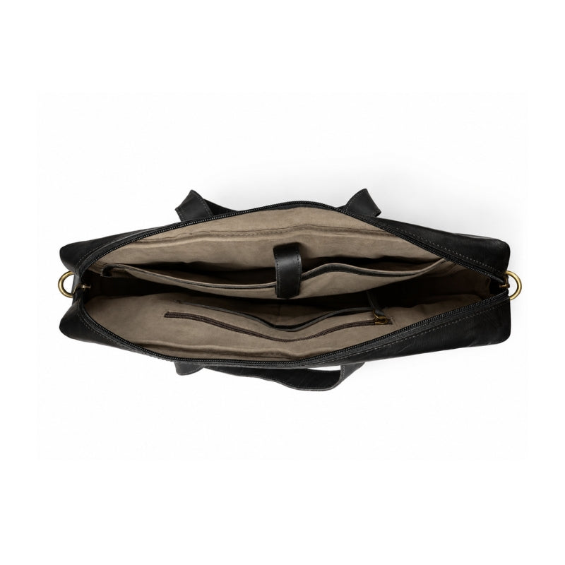 Black leather bag with beige interior on a white background