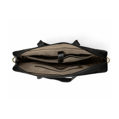 Black leather bag with beige interior on a white background