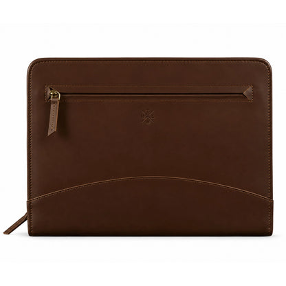 Dark brown leather portfolio folder with a brass zipper and front document pocket
