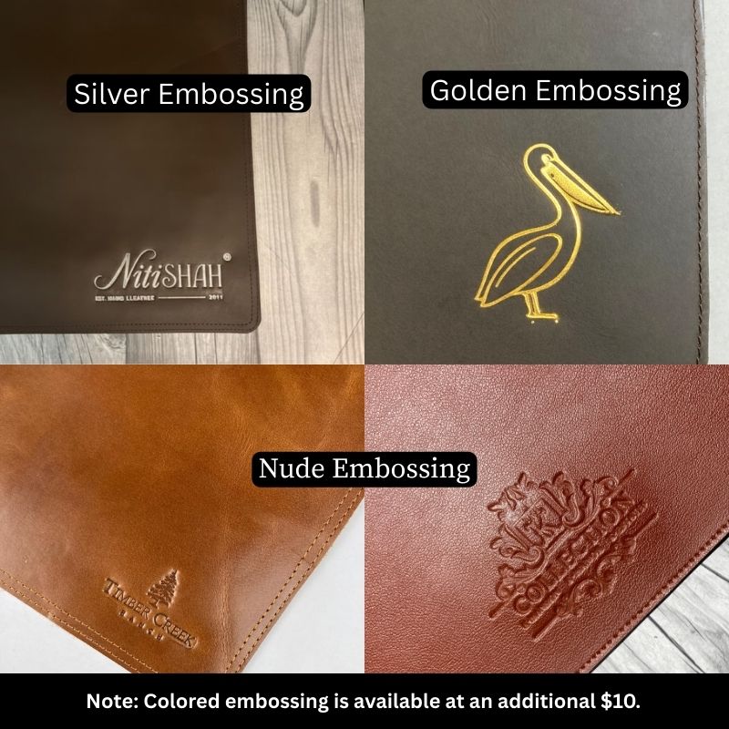 Four leather samples with different embossing colors and a pelican logo.