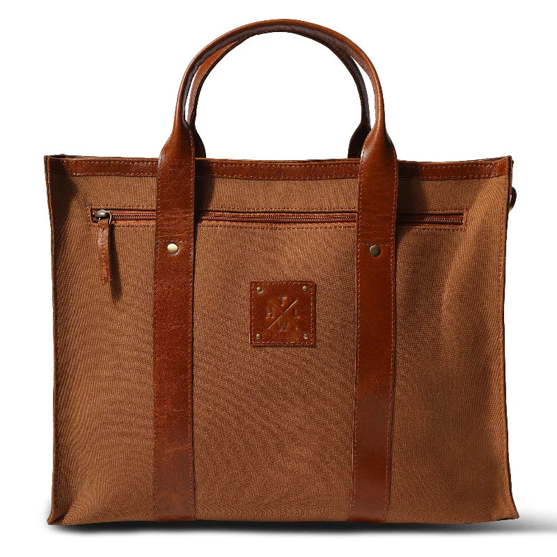 Brown tote bag with leather accents on a white background