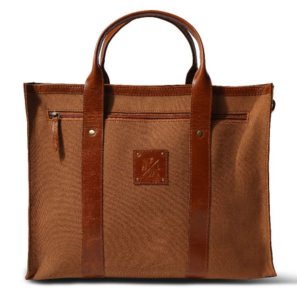 Brown tote bag with leather accents on a white background