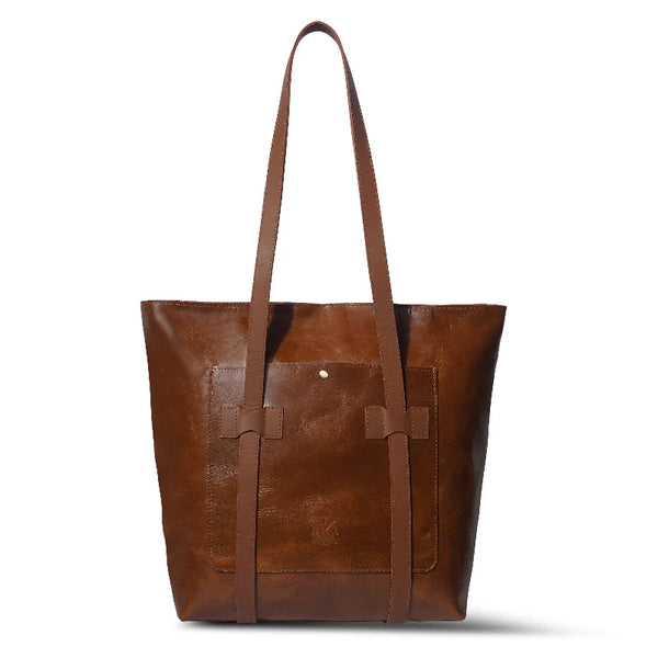Brown leather tote bag on a white background