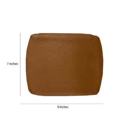Brown leather pouch with dimensions on a white background