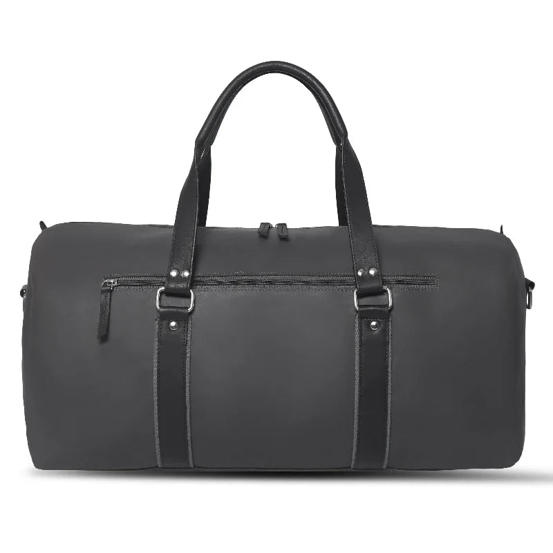 Black duffel bag with leather straps on a white background