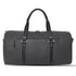 Black duffel bag with leather straps on a white background