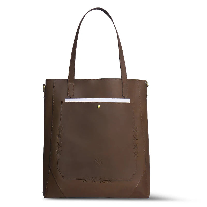 Brown leather tote bag with a white stripe on a white background