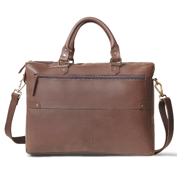 Brown leather briefcase with shoulder strap on a white background