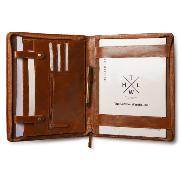 Brown leather portfolio with pen holder and visible brand logo on a white background