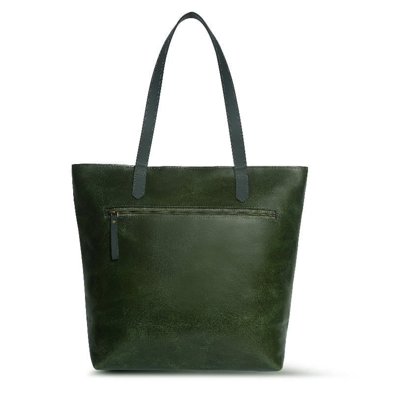 Green leather tote bag with a zipper on a white background