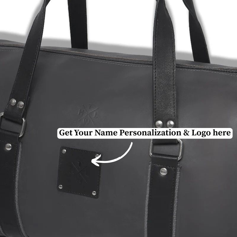 Black Duffle bag with customization text and an arrow pointing to a patch area.