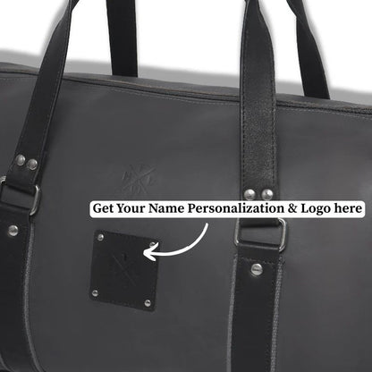 Black Duffle bag with customization text and an arrow pointing to a patch area.