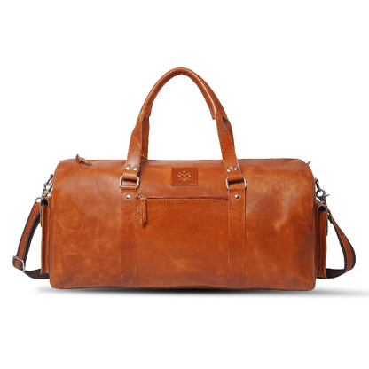 Brown leather duffel bag on a white background