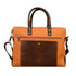 Orange tote bag with brown leather patch and handle on a white background