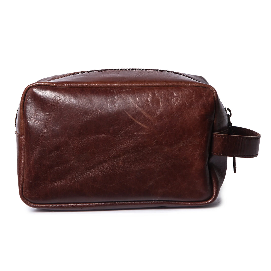 Brown leather toiletry bag on a white background