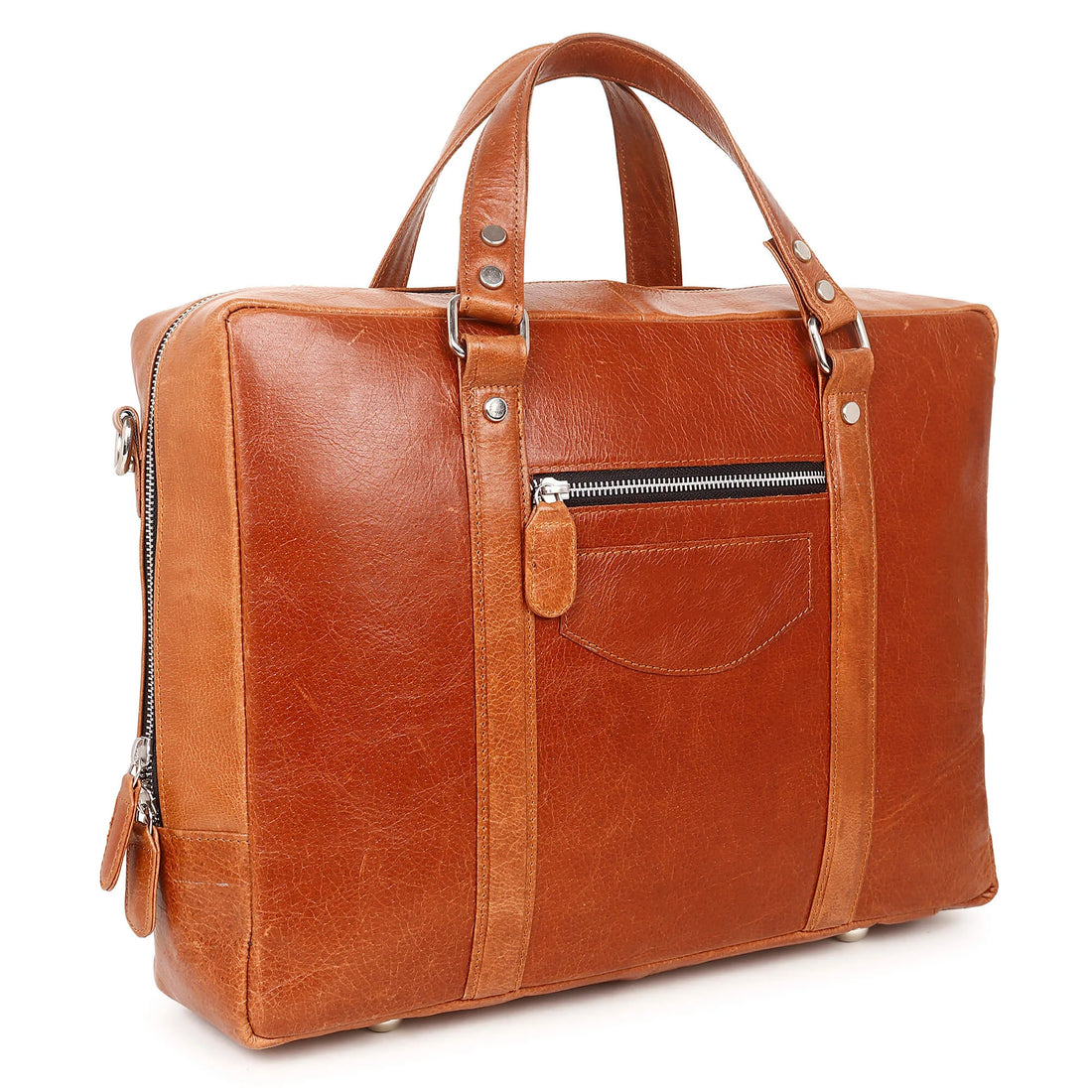 Brown leather bag with silver zippers on a white background