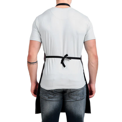 Person wearing a white apron over a gray t-shirt on a white background