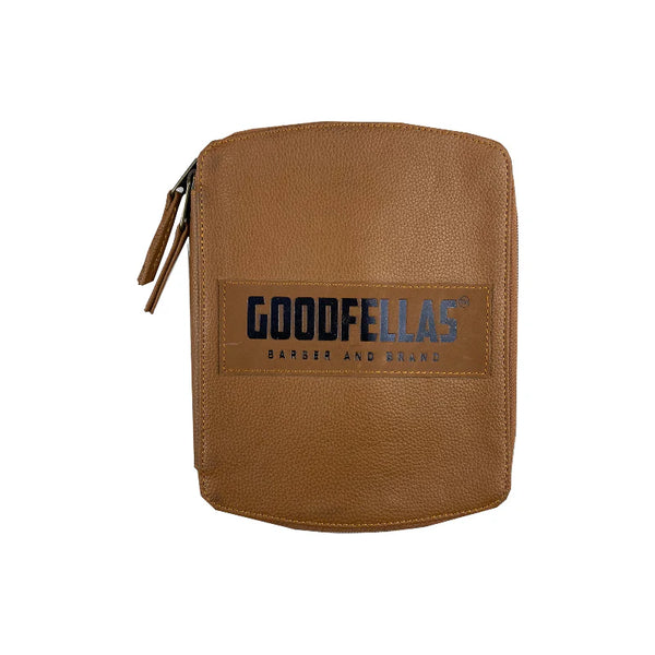 Brown leather pouch with 'Goodfellas' branding on a white background