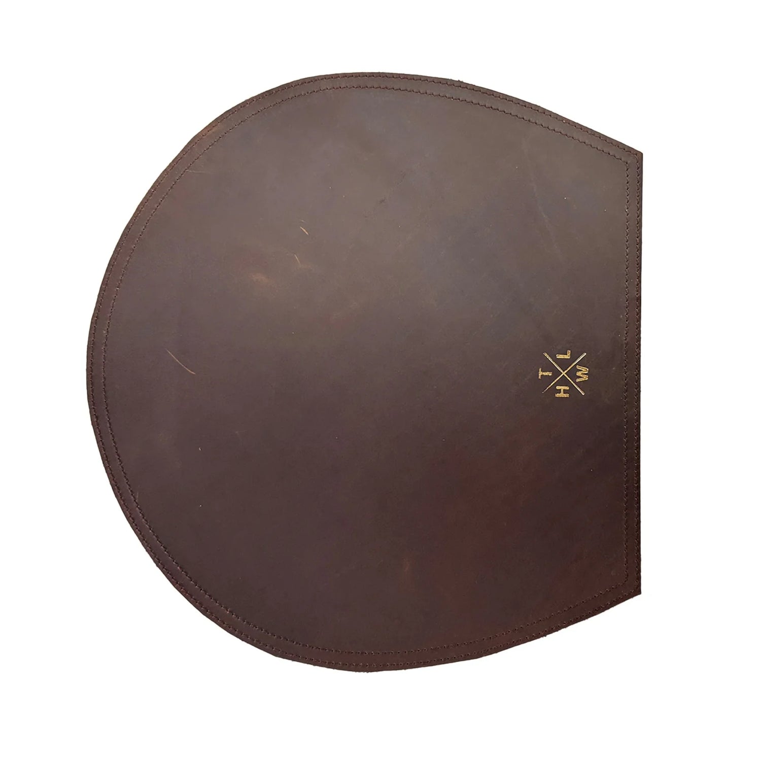 Brown leather face mask with a logo on a white background