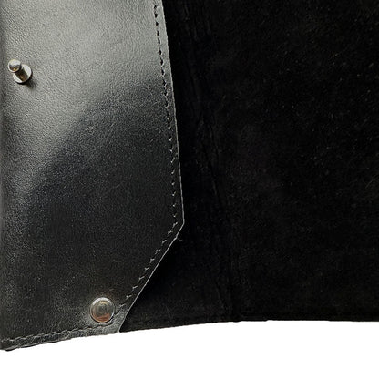 Close-up of a black leather product with stitching details